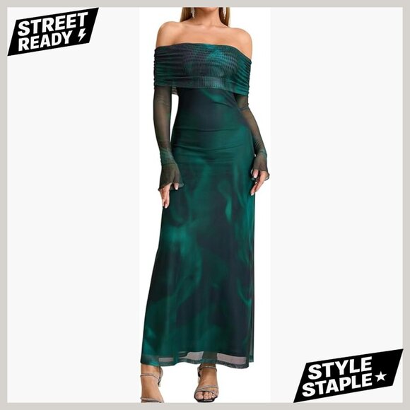 Off Shoulder Bodycon Maxi Dress Long Sleeve Mesh Ruched Formal Party